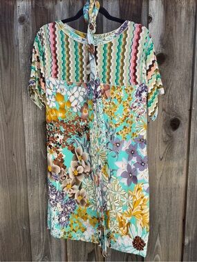Missoni Aqua Multi Floral & Wave-Stripe Short Sleeve Tunic